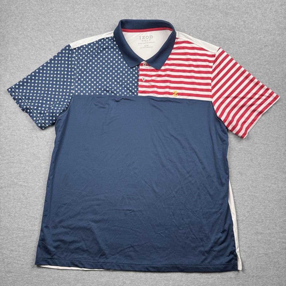 IZOD Golf Shirt Men's XL USA Flag Color Block Stretch Sports Wear 4th Patriot